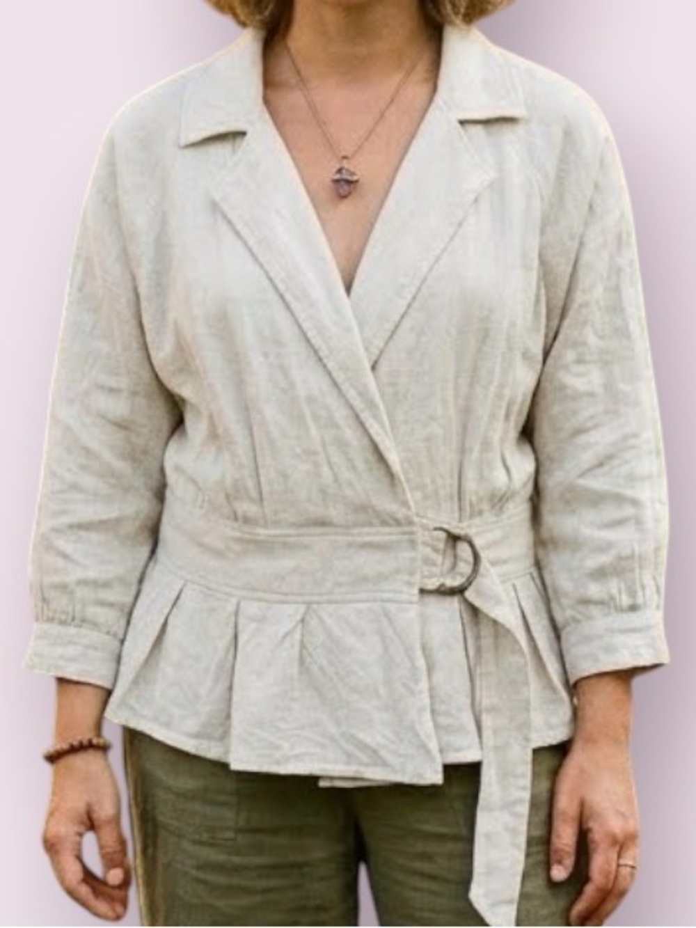 Mystree Linen & Cotton Blend Jacket Pleated Belted Tan Neutral Size Medium
